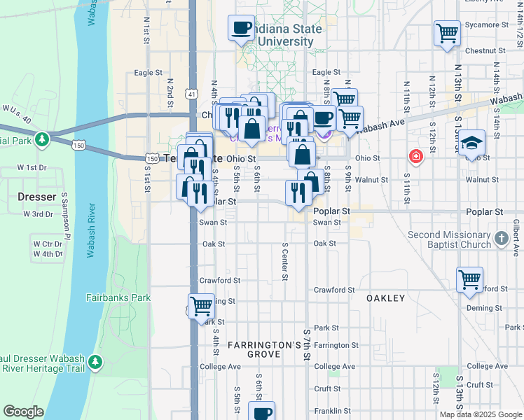 map of restaurants, bars, coffee shops, grocery stores, and more near 600-626 Poplar St in Terre Haute