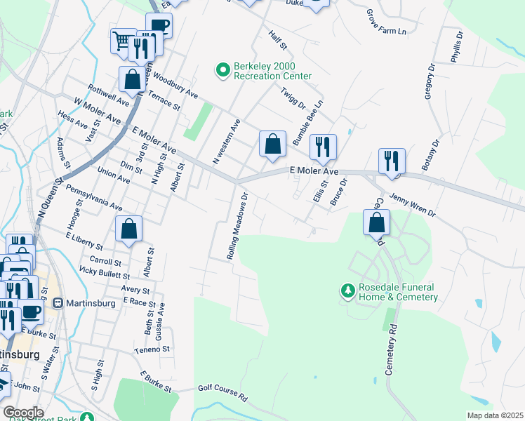 map of restaurants, bars, coffee shops, grocery stores, and more near 4 Cayman Court in Martinsburg