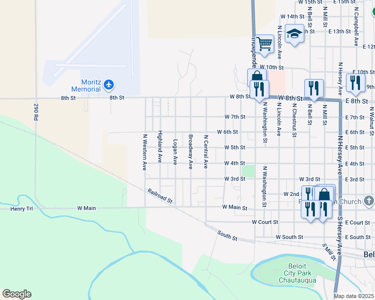 map of restaurants, bars, coffee shops, grocery stores, and more near 1022 West 5th Avenue in Beloit