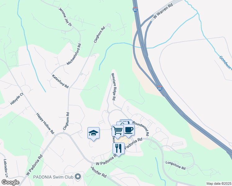 map of restaurants, bars, coffee shops, grocery stores, and more near 12310 Rosslare Ridge Road in Timonium