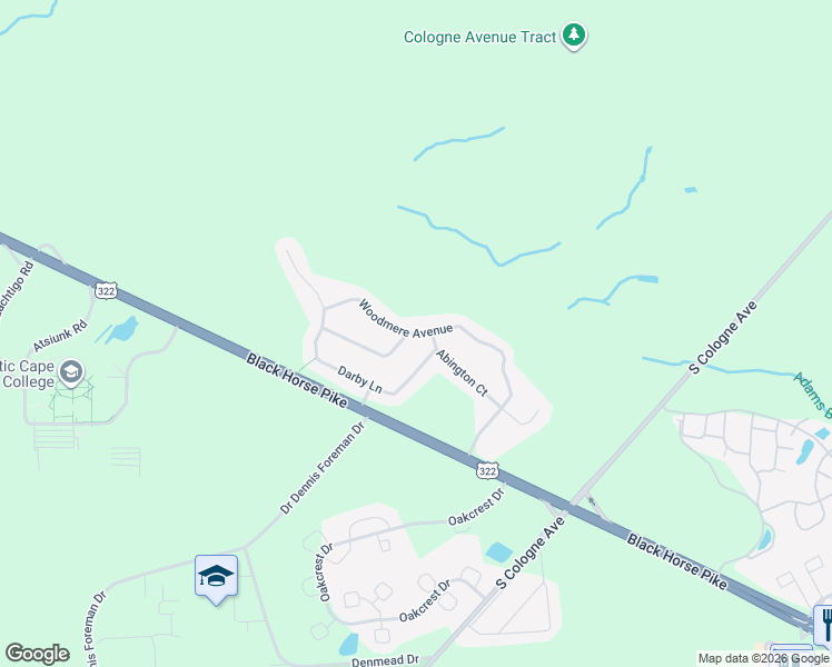 map of restaurants, bars, coffee shops, grocery stores, and more near Woodmere Avenue in Hamilton Township