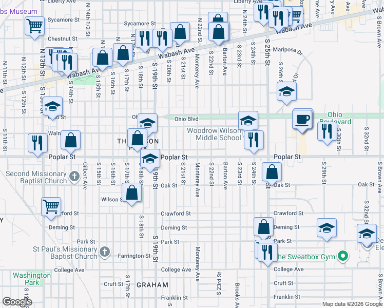 map of restaurants, bars, coffee shops, grocery stores, and more near 244-398 South 21st Street in Terre Haute