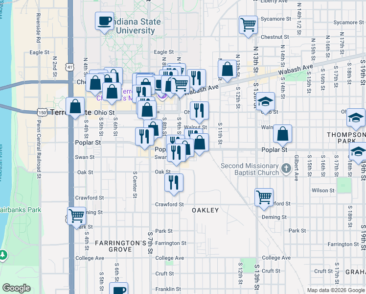 map of restaurants, bars, coffee shops, grocery stores, and more near 210 South 9th 1/2 Street in Terre Haute