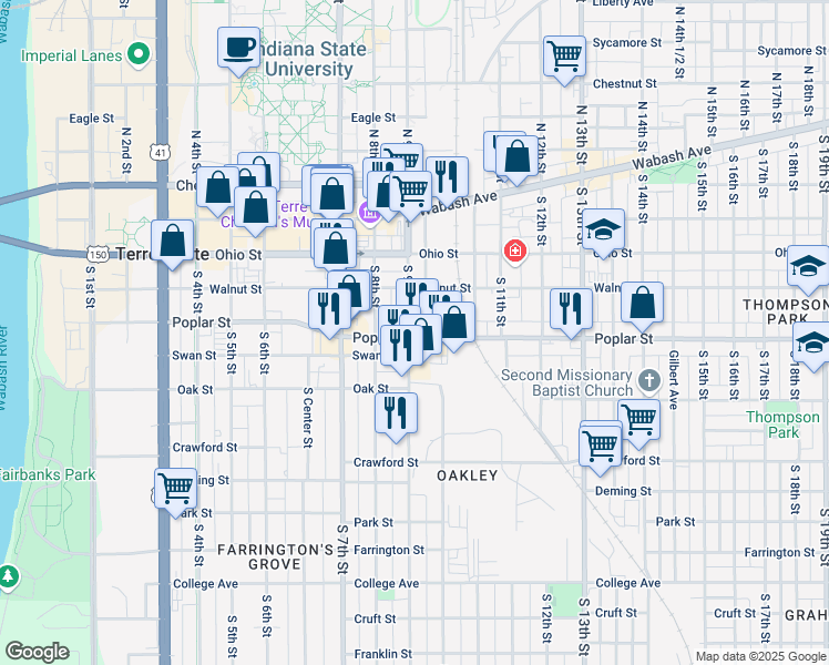 map of restaurants, bars, coffee shops, grocery stores, and more near 210 South 9th 1/2 Street in Terre Haute