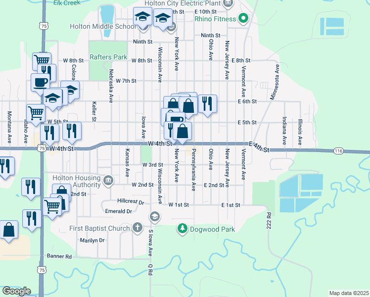 map of restaurants, bars, coffee shops, grocery stores, and more near 325 New York Avenue in Holton