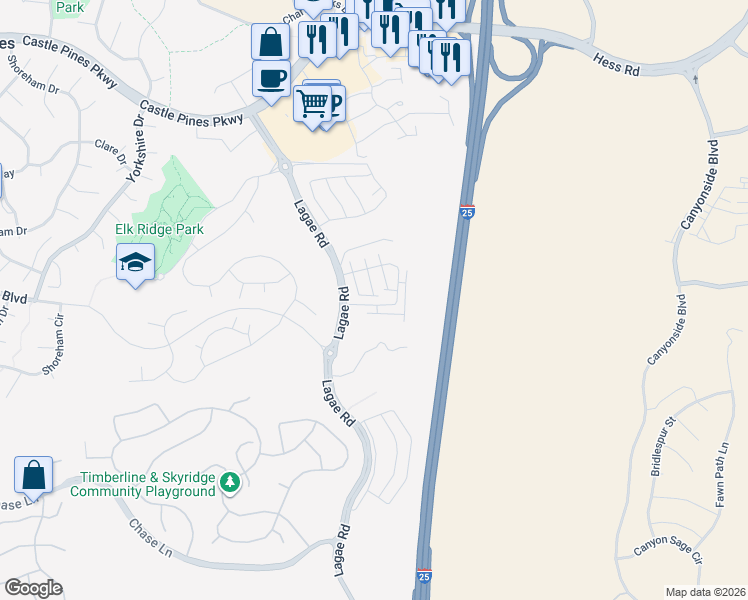 map of restaurants, bars, coffee shops, grocery stores, and more near Lagae Road in Castle Pines