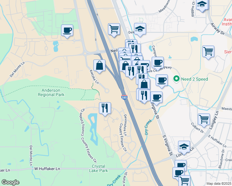 map of restaurants, bars, coffee shops, grocery stores, and more near 5580 Kietzke Lane in Reno