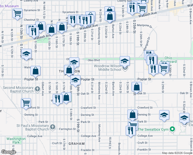 map of restaurants, bars, coffee shops, grocery stores, and more near 244-398 South 21st Street in Terre Haute