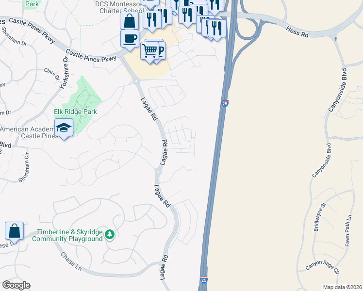 map of restaurants, bars, coffee shops, grocery stores, and more near Lagae Road in Castle Pines