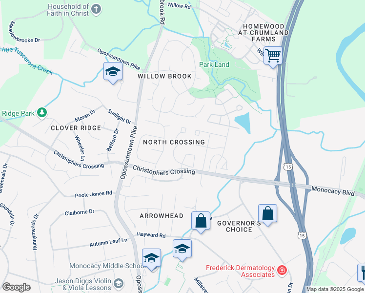 map of restaurants, bars, coffee shops, grocery stores, and more near 135 Harpers Way in Frederick