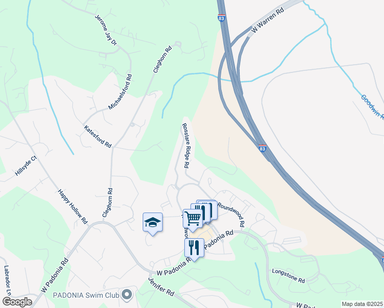 map of restaurants, bars, coffee shops, grocery stores, and more near 12310 Rosslare Ridge Road in Timonium