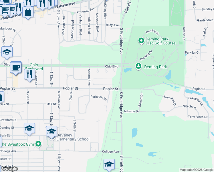 map of restaurants, bars, coffee shops, grocery stores, and more near 3700-3898 Poplar Street in Terre Haute