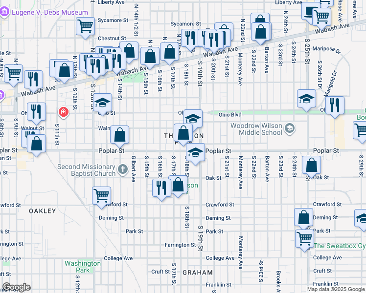 map of restaurants, bars, coffee shops, grocery stores, and more near 335 South 18th Street in Terre Haute