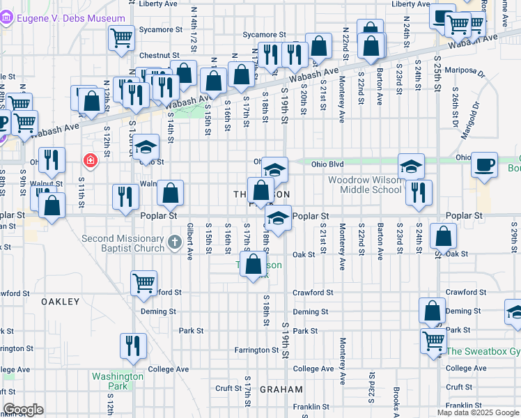 map of restaurants, bars, coffee shops, grocery stores, and more near 335 South 18th Street in Terre Haute