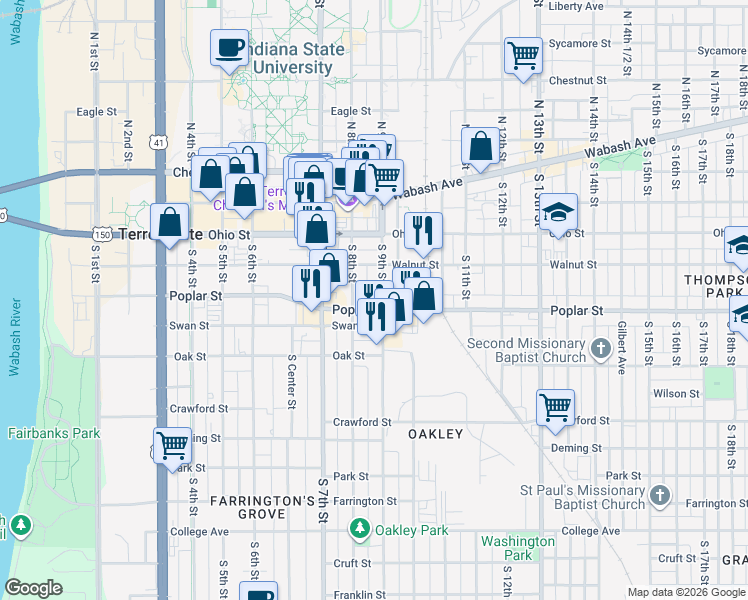 map of restaurants, bars, coffee shops, grocery stores, and more near 235 South 9th Street in Terre Haute
