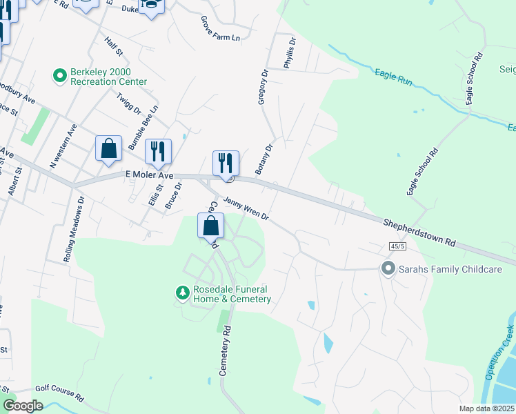 map of restaurants, bars, coffee shops, grocery stores, and more near 231 Jenny Wren Drive in Martinsburg