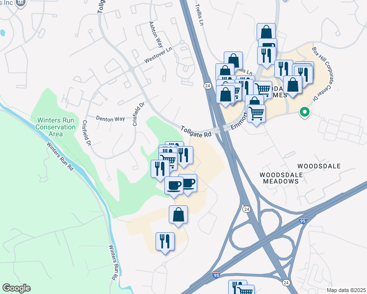 map of restaurants, bars, coffee shops, grocery stores, and more near 400 Constant Friendship Boulevard in Abingdon