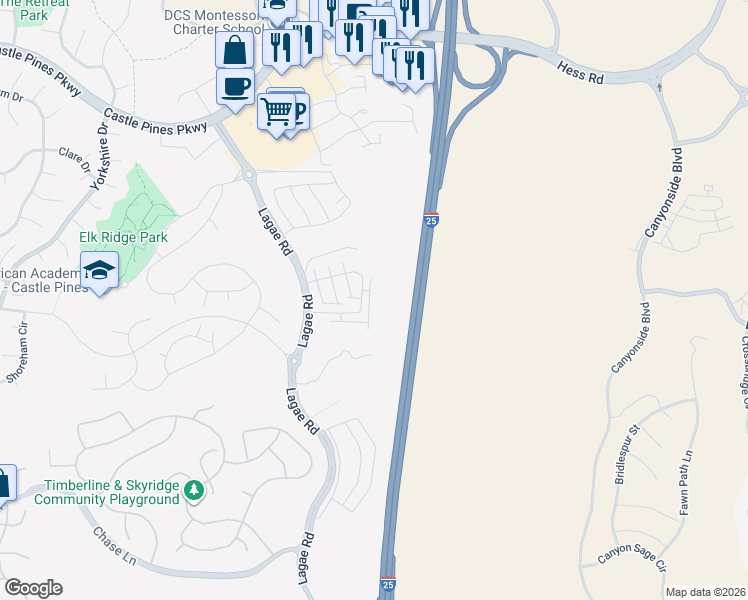map of restaurants, bars, coffee shops, grocery stores, and more near U.S. 87 in Castle Pines