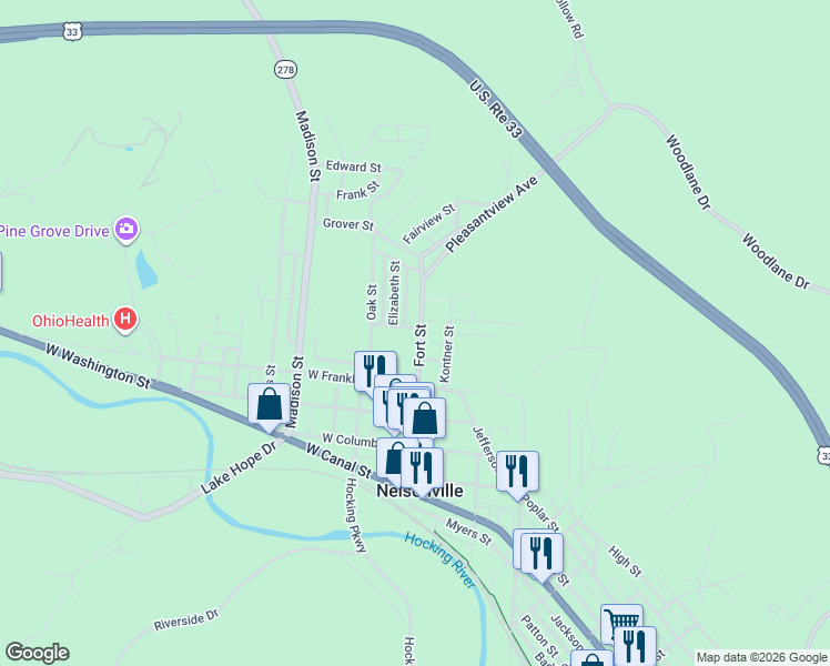 map of restaurants, bars, coffee shops, grocery stores, and more near 252 Fort Street in Nelsonville