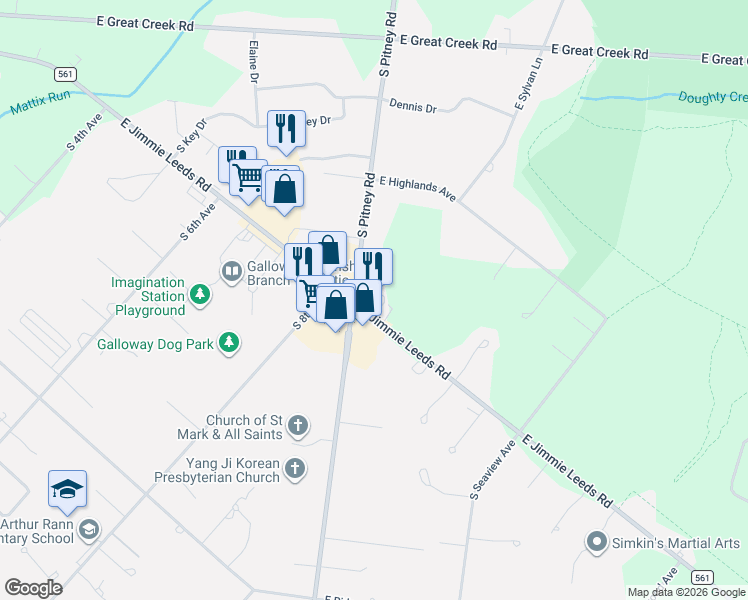 map of restaurants, bars, coffee shops, grocery stores, and more near 324 South Pitney Road in Galloway