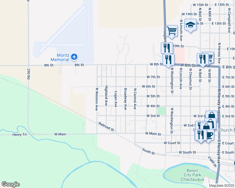map of restaurants, bars, coffee shops, grocery stores, and more near 1022 West 5th Avenue in Beloit