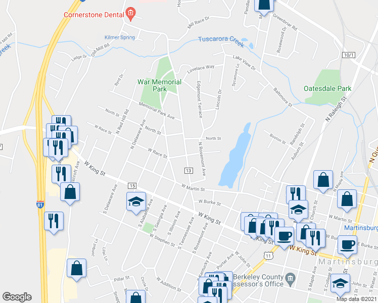 map of restaurants, bars, coffee shops, grocery stores, and more near 203 North Tennessee Avenue in Martinsburg