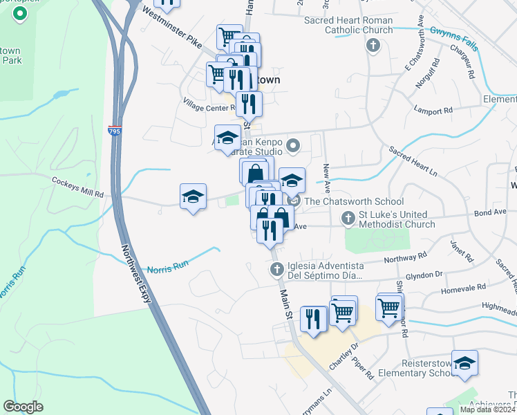 map of restaurants, bars, coffee shops, grocery stores, and more near 222 Main Street in Reisterstown