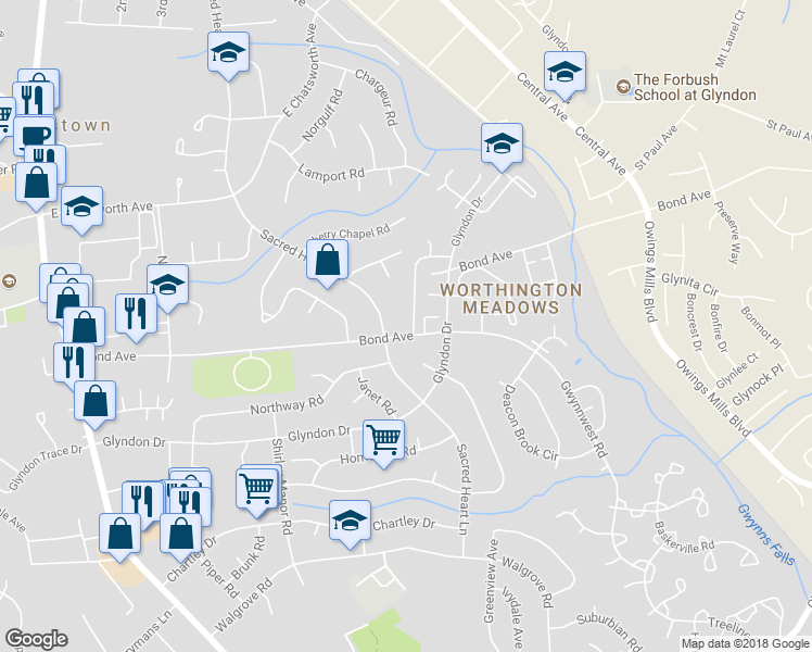 map of restaurants, bars, coffee shops, grocery stores, and more near 230 Glyndon Watch Ln in Reisterstown