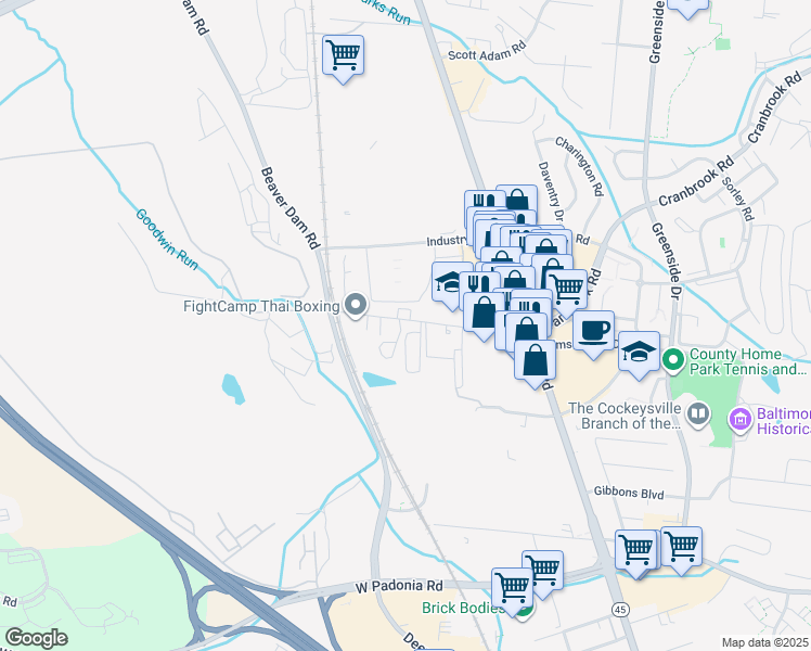 map of restaurants, bars, coffee shops, grocery stores, and more near 129 Church Parkway in Timonium
