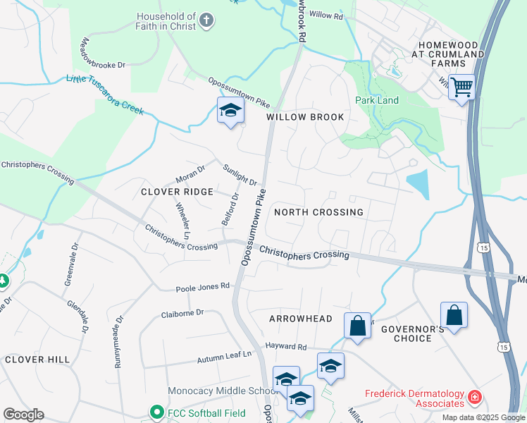 map of restaurants, bars, coffee shops, grocery stores, and more near 128 Crosstimber Way in Frederick