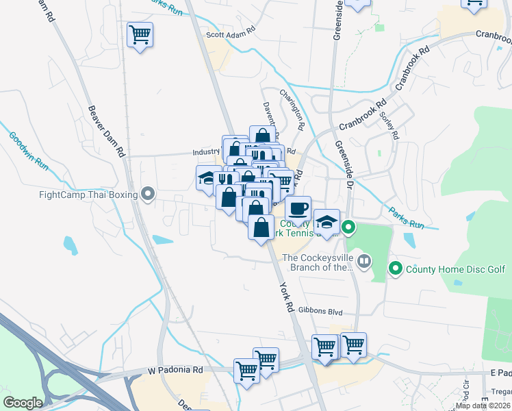 map of restaurants, bars, coffee shops, grocery stores, and more near York Road & Cranbrook Road in Cockeysville