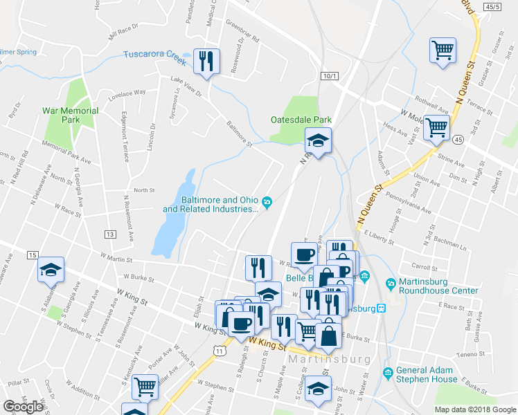 map of restaurants, bars, coffee shops, grocery stores, and more near 398 Auburn Street in Martinsburg
