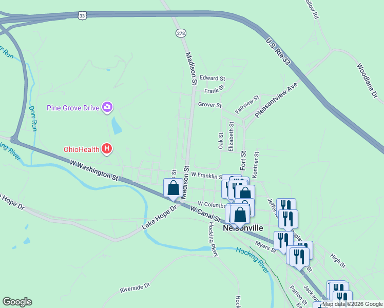 map of restaurants, bars, coffee shops, grocery stores, and more near 230 Madison Street in Nelsonville