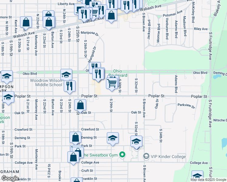 map of restaurants, bars, coffee shops, grocery stores, and more near 2900 Poplar Street in Terre Haute