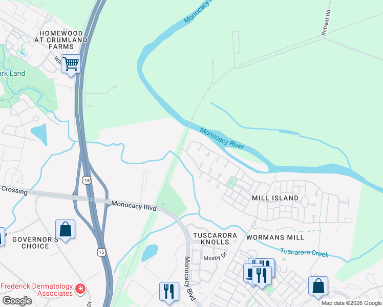 map of restaurants, bars, coffee shops, grocery stores, and more near 2692 Brook Valley Road in Frederick