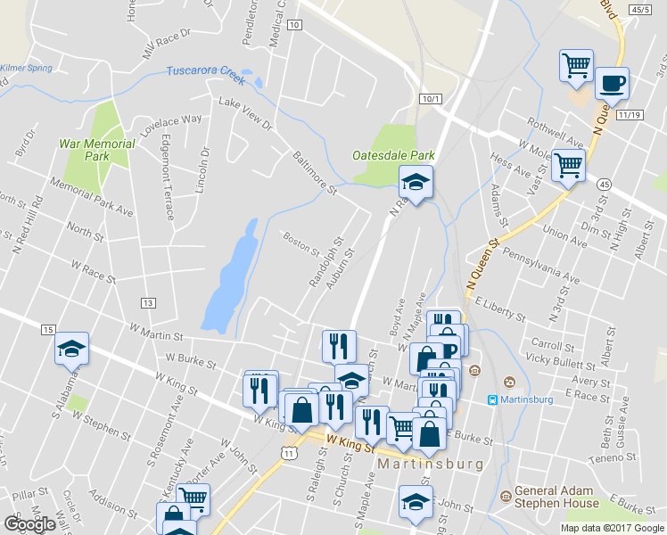 map of restaurants, bars, coffee shops, grocery stores, and more near 338 Auburn Street in Martinsburg