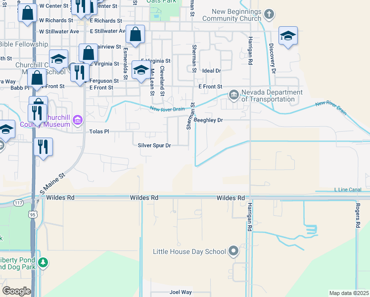 map of restaurants, bars, coffee shops, grocery stores, and more near 682 Silver Spur Drive in Fallon