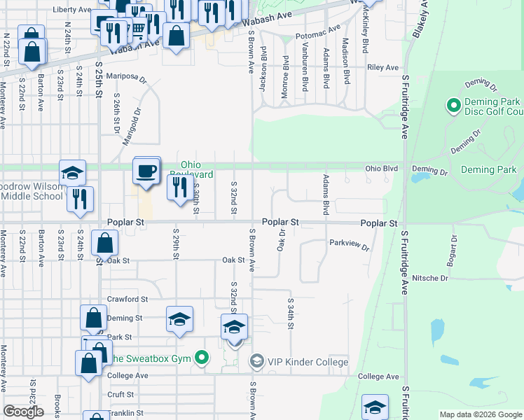 map of restaurants, bars, coffee shops, grocery stores, and more near 3300 Poplar Street in Terre Haute