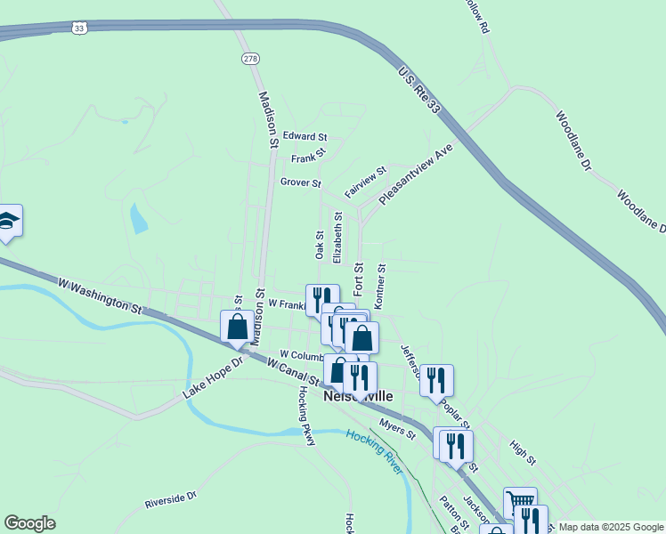map of restaurants, bars, coffee shops, grocery stores, and more near 65 Clinton Street in Nelsonville