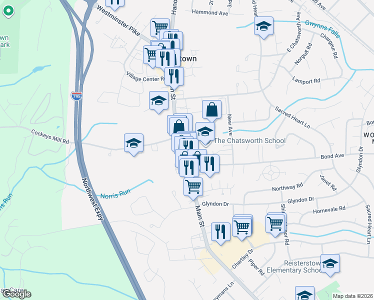 map of restaurants, bars, coffee shops, grocery stores, and more near 223 Main Street in Reisterstown
