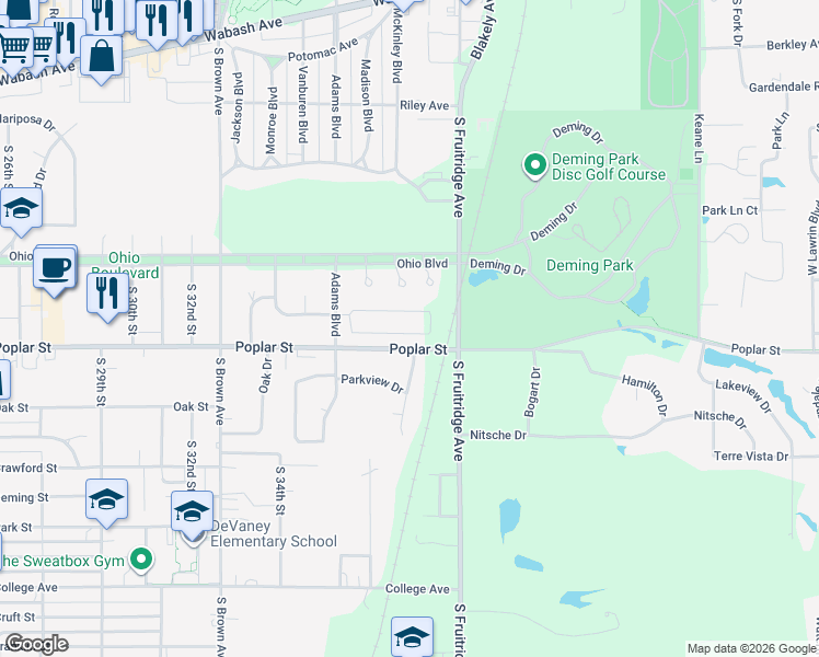 map of restaurants, bars, coffee shops, grocery stores, and more near 601 South Fruitridge Avenue in Terre Haute