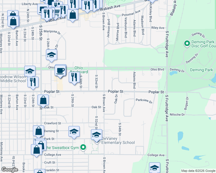 map of restaurants, bars, coffee shops, grocery stores, and more near 3300 Poplar Street in Terre Haute