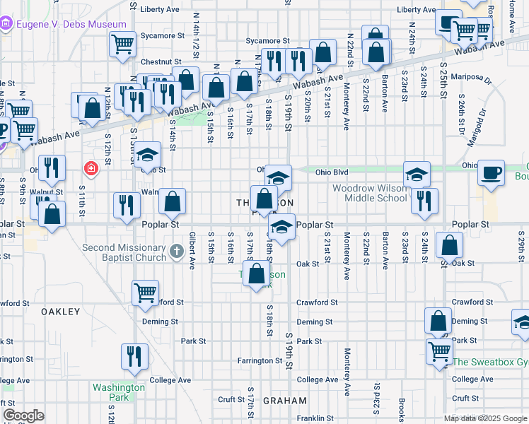 map of restaurants, bars, coffee shops, grocery stores, and more near 335 South 18th Street in Terre Haute