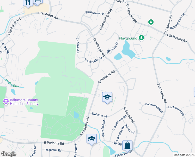 map of restaurants, bars, coffee shops, grocery stores, and more near 282 East Padonia Road in Lutherville-Timonium