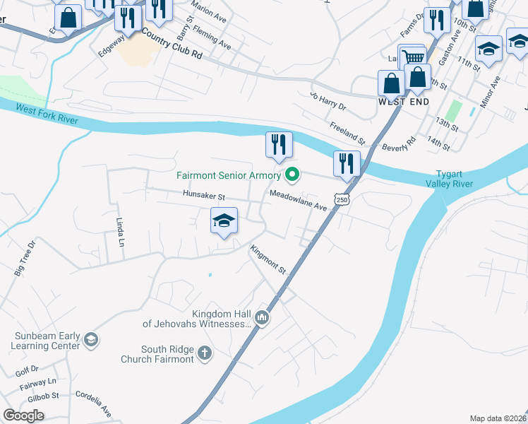 map of restaurants, bars, coffee shops, grocery stores, and more near 1546 West Fork Road in Fairmont