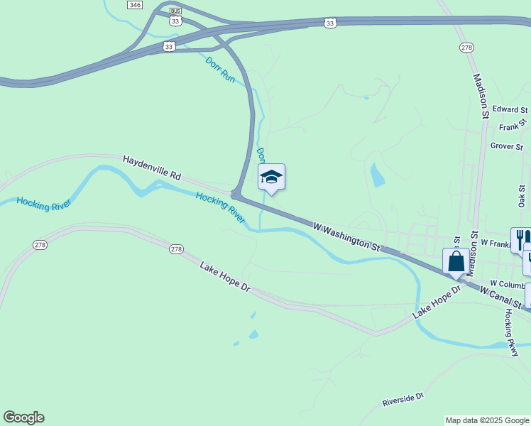 map of restaurants, bars, coffee shops, grocery stores, and more near 701 West Washington Street in Nelsonville