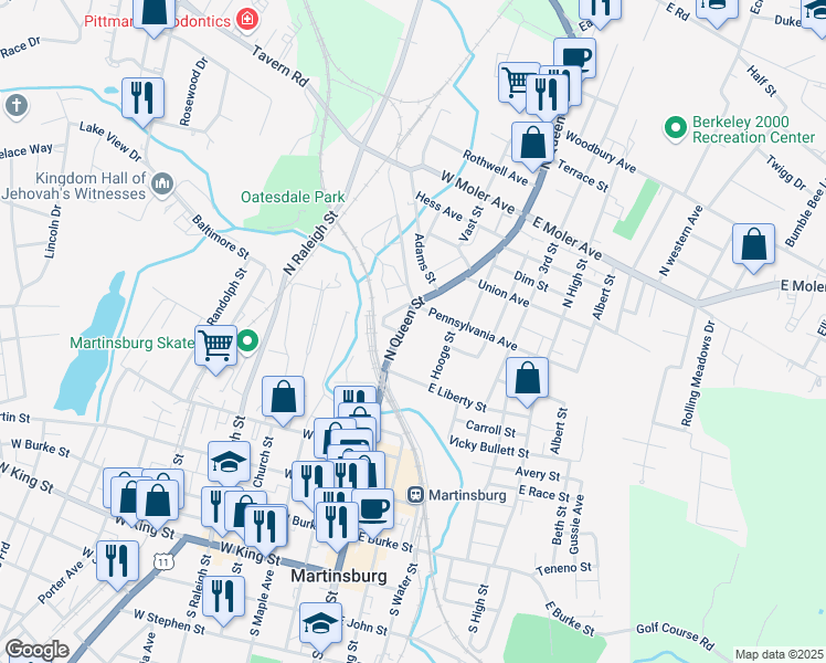 map of restaurants, bars, coffee shops, grocery stores, and more near 543 North Queen Street in Martinsburg