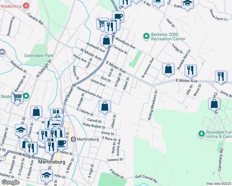 map of restaurants, bars, coffee shops, grocery stores, and more near 623 North High Street in Martinsburg