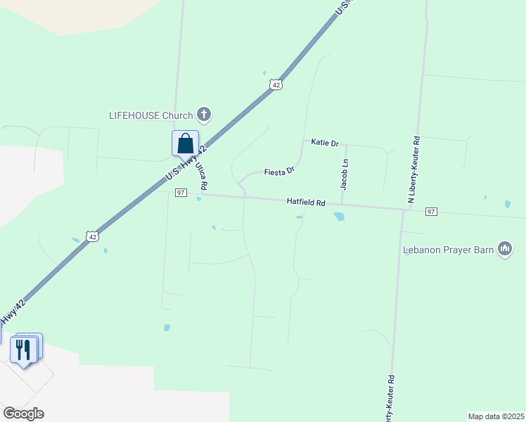 map of restaurants, bars, coffee shops, grocery stores, and more near 2337 Hatfield Road in Lebanon