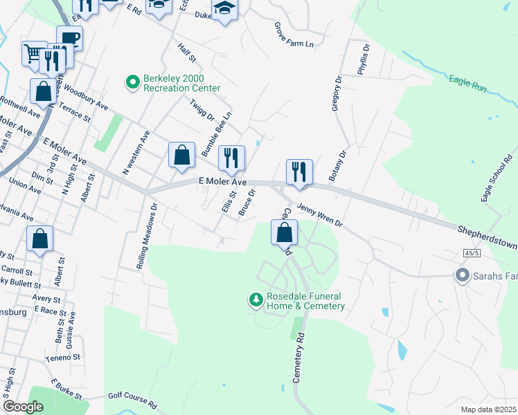 map of restaurants, bars, coffee shops, grocery stores, and more near 59 Bruce Drive in Martinsburg